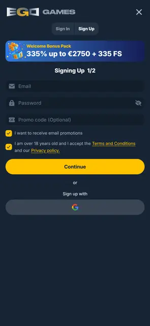 Registrační formulář v angličtině v mobilní verzi EgoGames